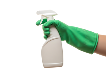 Hand in green glove holding white spray bottle ready to clean isolated on transparent background