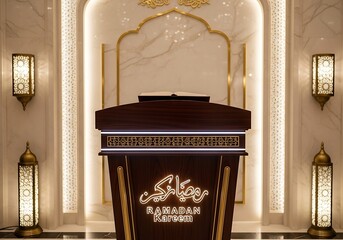 Elegant minbar in a mosque with ornate decorations and warm lighting