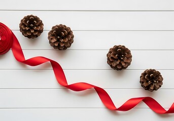 Festive pine cones and red ribbon on white wooden background