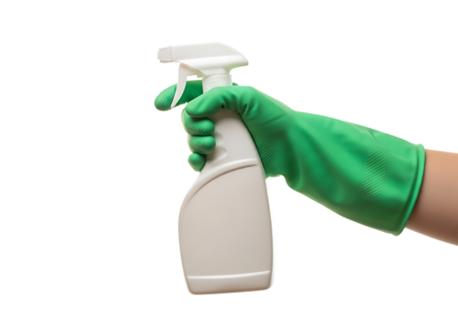 Hand in green glove holding white spray bottle ready to clean isolated on transparent background