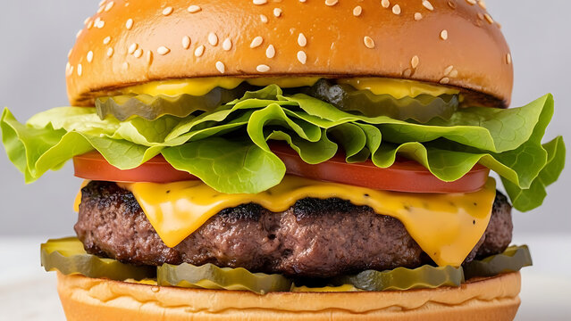 Close-up of a juicy hamburger with beef patty, cheese, lettuce, tomato, and pickles between sesame seed buns. - Powered by Adobe
