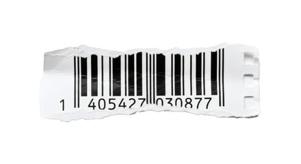 Barcode product code scan identification upc retail price tag label merchandise inventory torn paper on transparent background