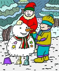 Two people build snowman doodle color illustration