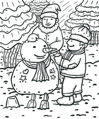 Two people build snowman doodle sketch illustration