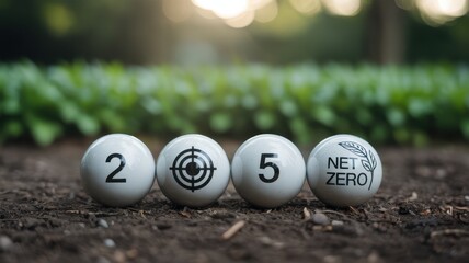 Climate change goal concept four spheres spelling 2, target symbol, 5, and net zero on the ground in nature