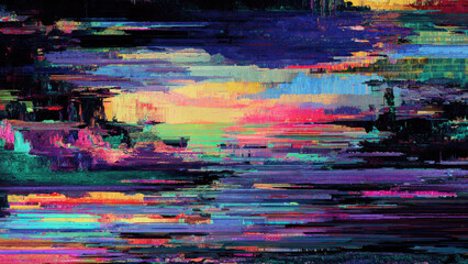 A vibrant, abstract digital art piece featuring horizontal bands of intense color, creating a striking glitch-like landscape or sunset effect.