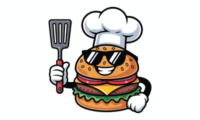 Cool Burger Chef Mascot &ndash; Cartoon Hamburger Character Logo