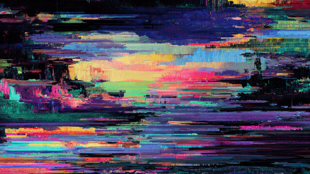A vibrant, abstract digital art piece featuring horizontal bands of intense color, creating a striking glitch-like landscape or sunset effect.