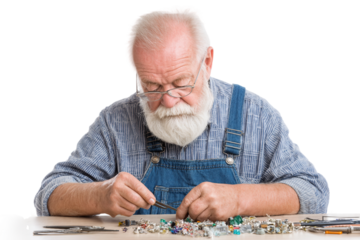 Senior stringing beads for handmade jewelry isolated on transparent background