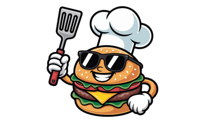 Cool Burger Chef Mascot &ndash; Cartoon Hamburger Character Logo