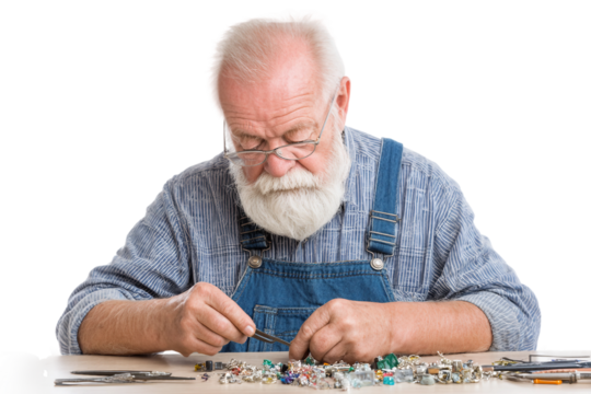 Senior stringing beads for handmade jewelry isolated on transparent background