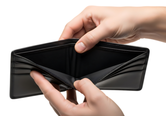 Empty black leather wallet being opened by hands, financial loss isolated on transparent background