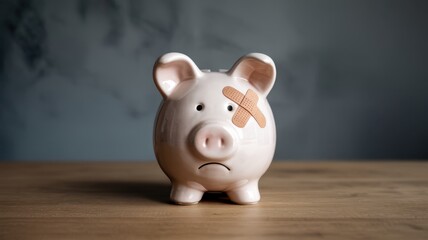Sad piggy bank with a bandage on its face sitting on a wooden table, symbolizing financial loss, debt, or economic crisis