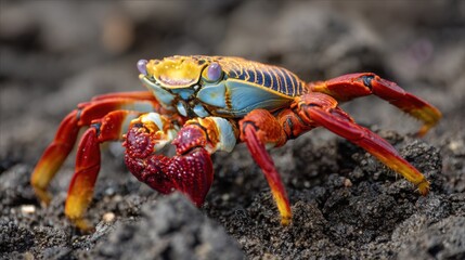 A vibrant crab with bright red legs and a blue shell moves across the dark volcanic ground, showcasing its colors against the rugged landscape near the coast.