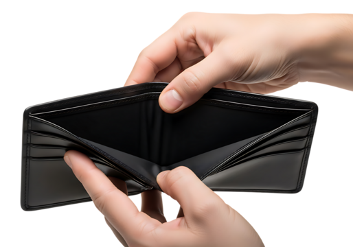 Empty black leather wallet being opened by hands, financial loss isolated on transparent background