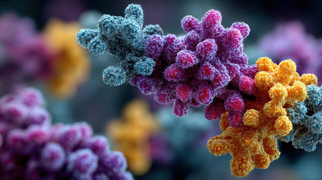 complex, brightly colored biological structures blue, purple, orange, pink interlocking, representing proteins, cell receptors, or complex molecules. Themes of medical science, biology, research.