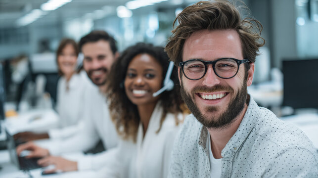 Diverse Customer Service Team: Smiling Male Operator with Headset and Coworkers in a Modern, Bright Call Center Environment