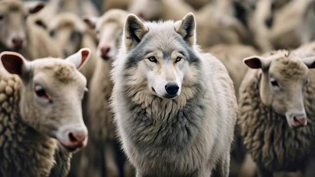 A wolf hiding among sheep, concept of identity, difference and leadership, of being unique among others, hidden risk, danger, vulnerability
