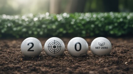 Environmental sustainability goal represented by spheres marked 2, target, 0, and net zero text on fertile soil
