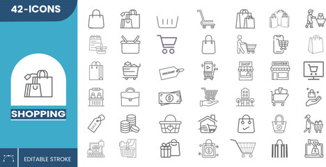 Editable Vector Shopping Icon Set for E-Commerce, Retail Services, Online Ordering, Cart, Payment, Delivery, and Store Management – Stylish Modern Pack.