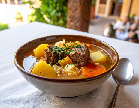 Deliciosa dimlama con cordero, papas, repollo y zanahorias en un caldo ligero