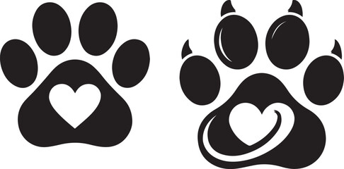 Fototapeta premium Two black dog paw prints with white hearts inside one featuring a swirl
