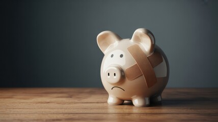 Sad piggy bank with a bandage on its side, symbolizing financial crisis, debt, or broken savings on a wooden table