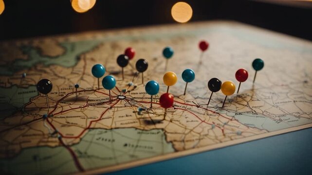 Video Close-up view of a map with multiple pins, ideal for highlighting locations or destinations