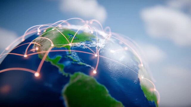 Global Network Connections: Visualize a dynamic network weaving across a globe. This image symbolizes connectivity, global reach, and the interconnected world of communication and information. 