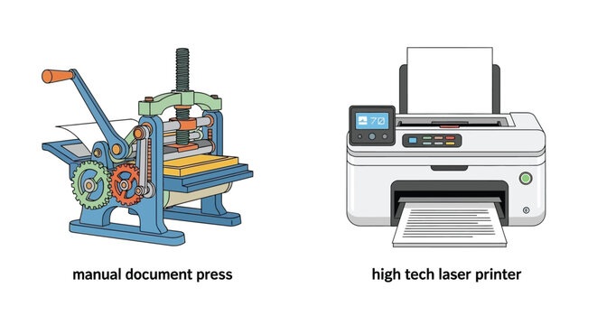 Vintage printing press alongside a modern laser printer technology evolution