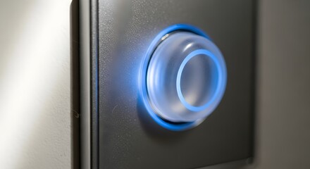 Close up of a modern electronic device with a glowing blue circular indicator light
