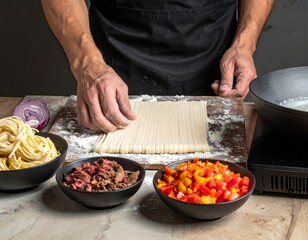 Preparaci&oacute;n de noodles para lagman en una cocina con ingredientes frescos y un cocinero trabajando
