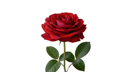Elegant red rose blossom with stem isolated on transparent background