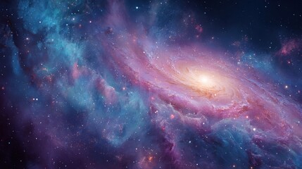 Fototapeta premium Bright swirling galaxy with shades of pink and blue illuminates the dark expanse of space. Stars and cosmic dust create a stunning visual in the universe's vastness.