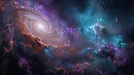 Fototapeta premium A stunning cosmic landscape features a spiral galaxy illuminated by vibrant hues of purple and blue, surrounded by ethereal nebulae and shining stars, emphasizing the vastness of space.