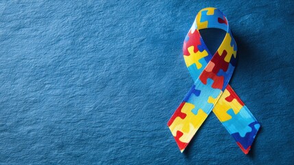 This vibrant ribbon features puzzle pieces in bright colors, representing autism awareness. It is placed on a textured blue background, enhancing its significance and visibility.