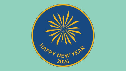 A round emblem with geometric firework burst and “Happy New Year 2026”