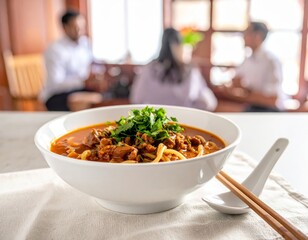 Lagman con carne y fideos cocidos, servido en un tazón en un ambiente acogedor