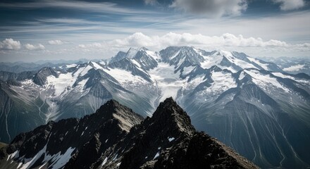 Majestic snow capped mountain peaks under a cloudy sky