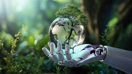 Robotic hand holds a glass earth globe with a tree, symbolizing technology and natures partnership for sustainability