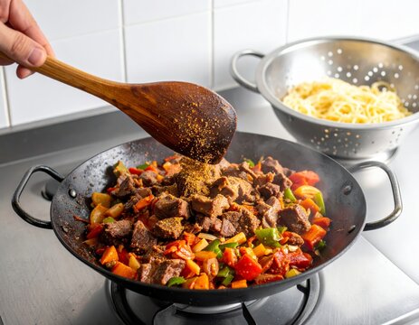 Preparaci&oacute;n de lagman con carne de cordero y vegetales en un wok caliente