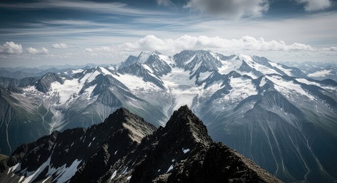 Majestic snow capped mountain peaks under a cloudy sky - Powered by Adobe