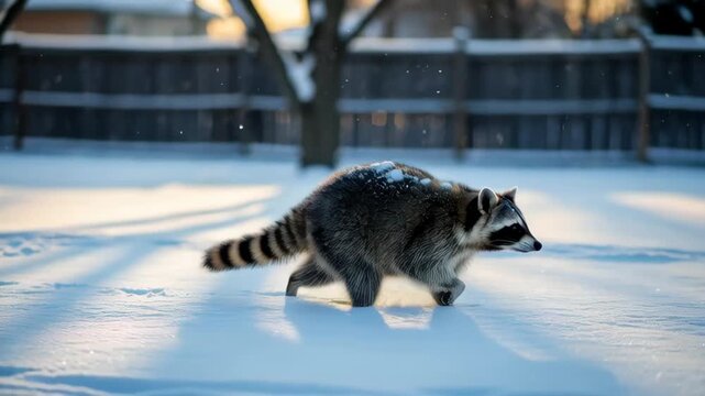 Raccoon traverses a snowy landscape, showcasing its playful movement through the winter wonderland, with camera following the animal's path in a smooth dolly motion