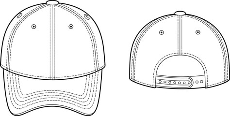 Baseball Cap Front And Back View Technical Fashion CAD Drawing Flat Vector Illustration For Headwear Design Streetwear And Apparel Production