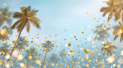 Business growth and success concept with golden sparkles falling on tropical palm trees against a blue sky.