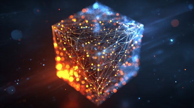 Glowing wireframe cube with particle emission