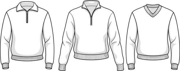 Men half zip sweatshirt and v neck pullover front view collection, fashion apparel template set, cad drawing flat vector illustration © Biplob Creatives