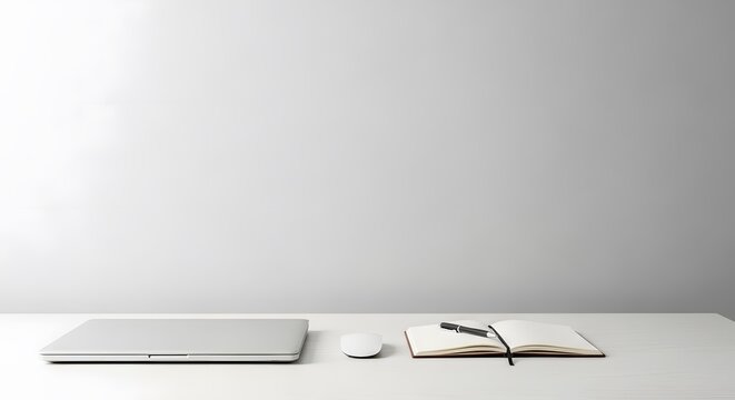 Minimalist desk setup with laptop notebook and pen on white surface