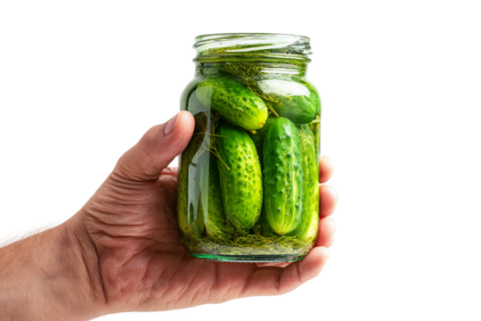 Senior mixing ingredients for pickle in jar isolated on transparent background - Powered by Adobe