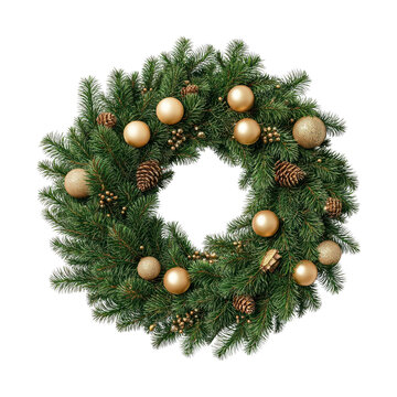 Fototapeta PNG Festive evergreen wreath with ornaments.